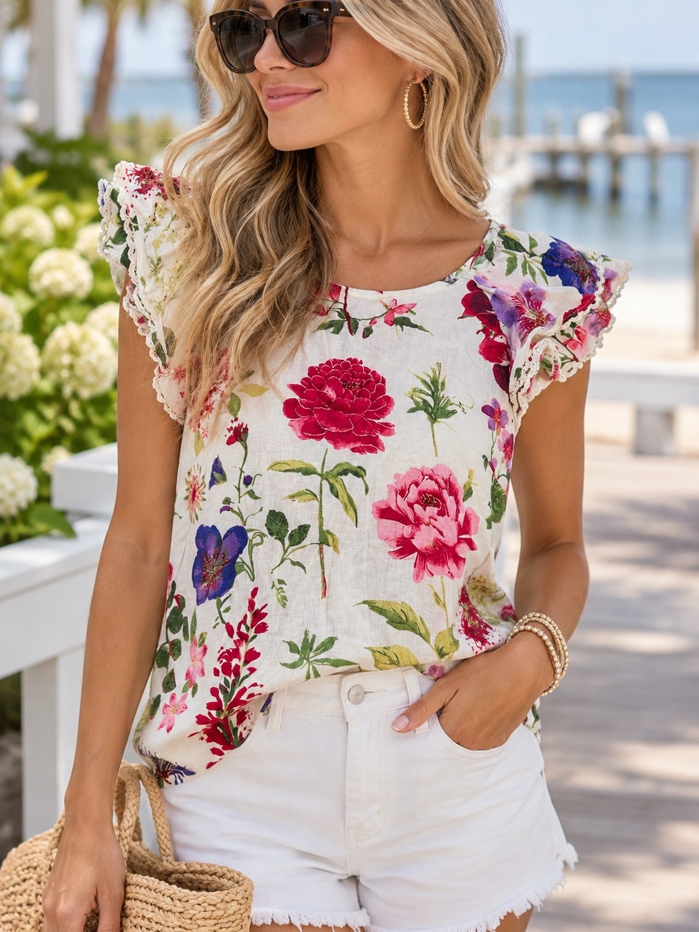 Christian Siriano New York Floral Linen Blend Ruffle Sleeve Top M Quiet Luxury